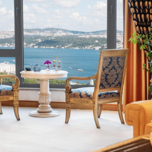 Luxurious seating area with Bosphorus view at Intercontinental Istanbul, available through Natlaupa.